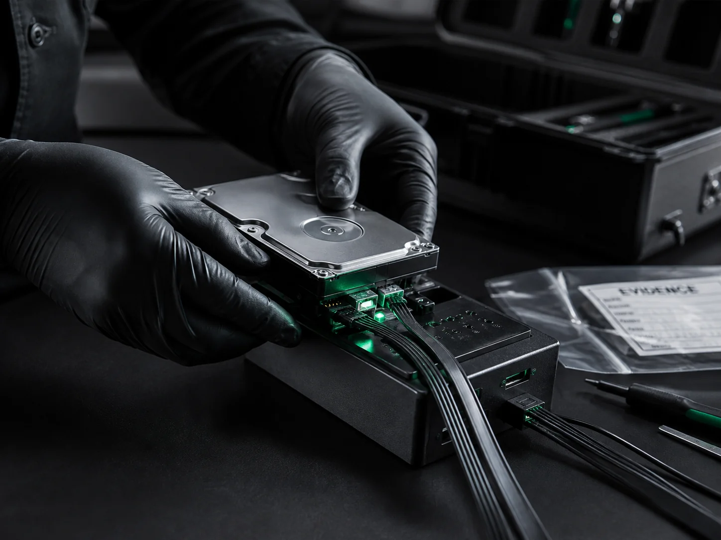 Gloved forensic examiner connecting a hard drive to acquisition hardware