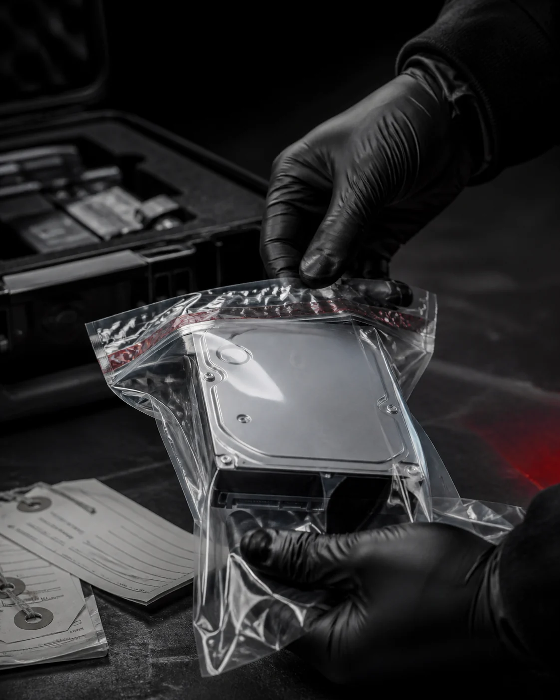 Gloved examiner sealing a hard drive inside a tamper-evident evidence bag