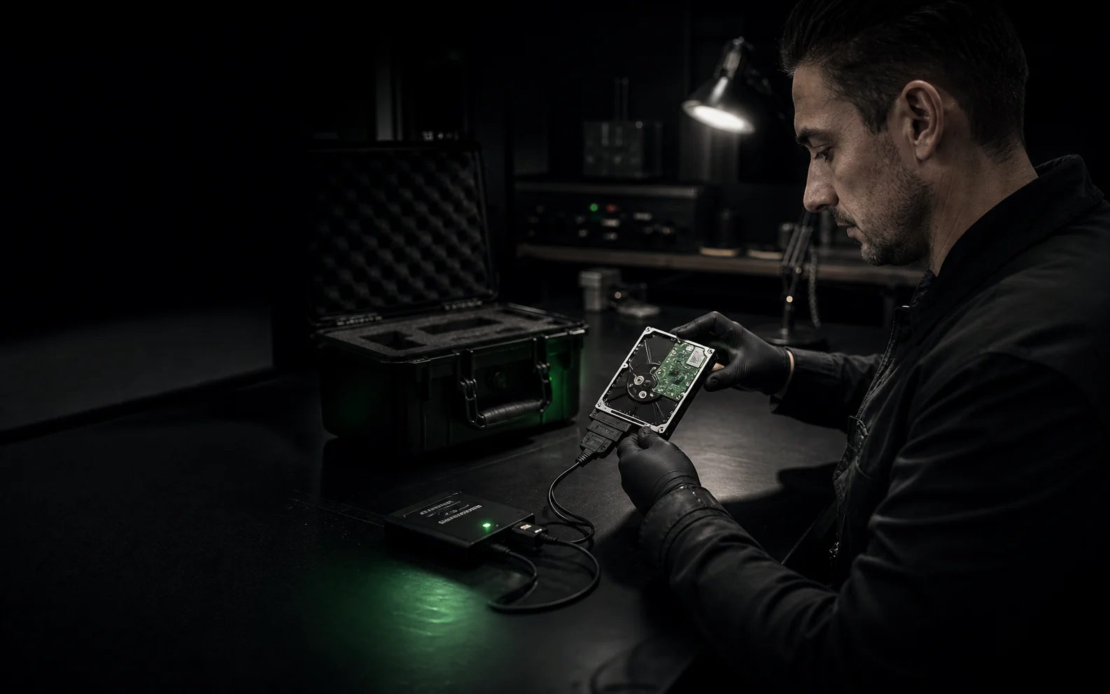 Digital forensic analyst examining a hard drive in a secure evidence laboratory