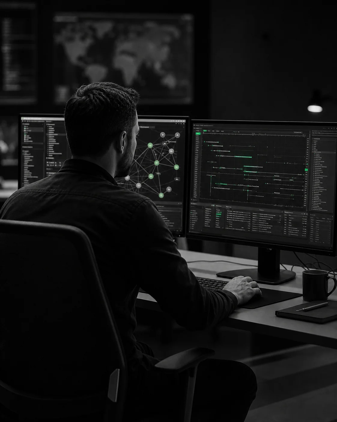 Forensic investigator analyzing an incident timeline across secure workstations